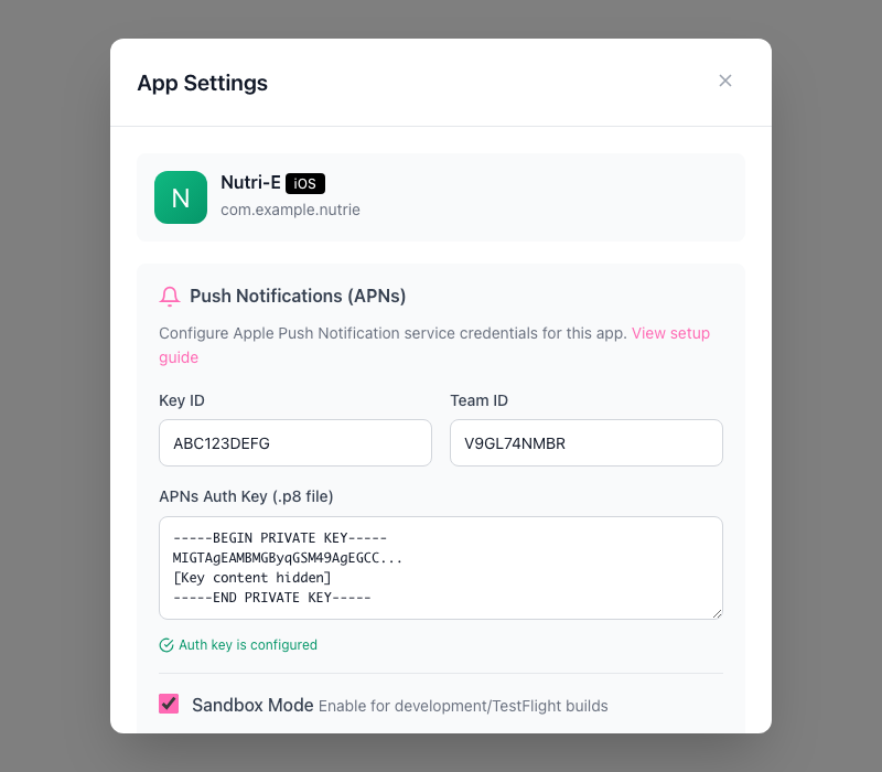 Admin Dashboard APNs settings page