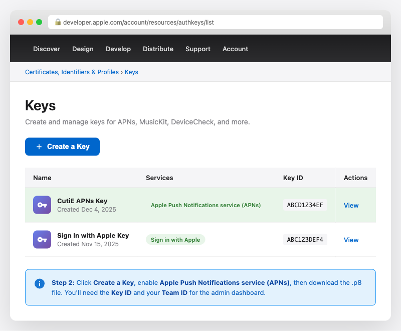 Apple Developer Portal keys page