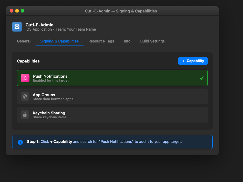 Xcode Push Capability setup screen